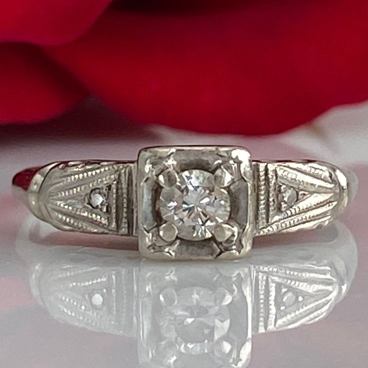 Details: Sweet classic Art Deco diamond ring--this one would make a great engagement ring or just a sweet ring to add to a collection. Would also be a great pinky ring! Please ask all necessary questions prior to placing an order. Measurements: The size is 4 1/2 US, and can be sized for a fee. Condition: The overall all condition of this ring is very good. Emerald Cut Diamond Anniversary Ring, Classic Cut Silver Diamond Ring, Classic Style Ring With Single Cut Diamonds, Classic Cut Diamond Ring For Anniversaries, Silver Diamond Ring With Classic Cut, 14k White Gold Solitaire Diamond Ring, Classic Cut Diamond Ring For Anniversary, Classic Single Cut Diamond Ring For Formal Occasions, Diamond White Promise Ring With Diamond Accents