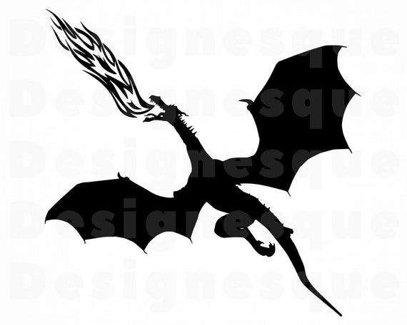 a black and white silhouette of a dragon flying with its wings spread out, in the air