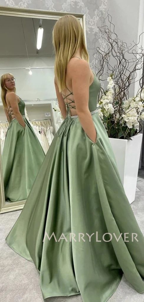 Green Dress With Back Opening For Party, Formal V-neck Dress With Corset Back, Backless Dress For Banquet, Evening Dresses With Back Opening For Prom, Evening Dresses With Back Opening For Prom Season, V-neck Corset Back Dress For Prom, Satin Dress With Sweetheart Neckline And Back Opening, Green A-line Dress With Corset Back, Green Backless Prom Gown