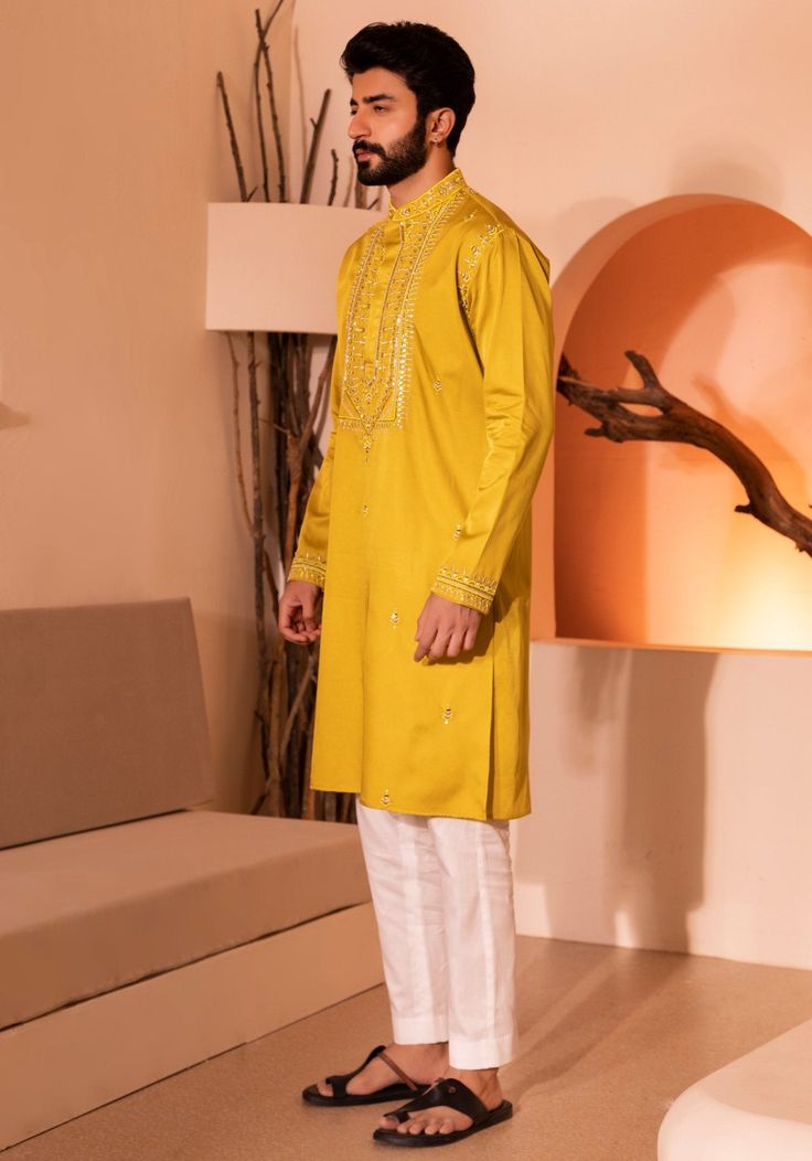 Mustard Yellow Silk Kurta Set Shreyansh - Fabilicious Fashion Silk Kurta Set, Fitted Pants, Vacuum Storage, Straight Fit Pants, Indian Wedding Wear, Western Jacket, Silk Kurta, Yellow Silk, Intricate Embroidery