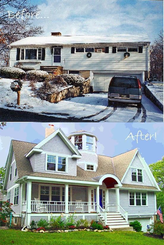 before and after photos of a house in the snow