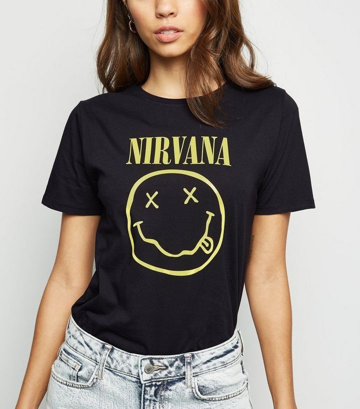 Black Nirvana Slogan T-Shirt | New Look Nirvana Shirt Outfit, Nirvana Shirt, Clothing Diy, Style Goals, Slogan T Shirt, Spring Clothes, Character References, Trending Dresses, Tops For Women