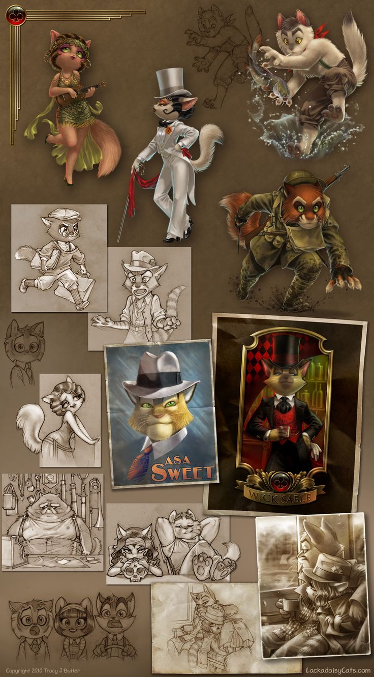 an image of some art work with many different things in the background, including cats and mice