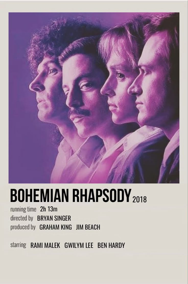 the poster for bohemian rhapsody is shown in pink and purple tones