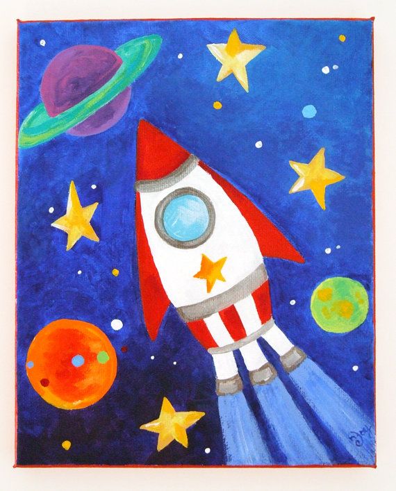 a painting of a rocket ship flying through the sky with stars and planets around it