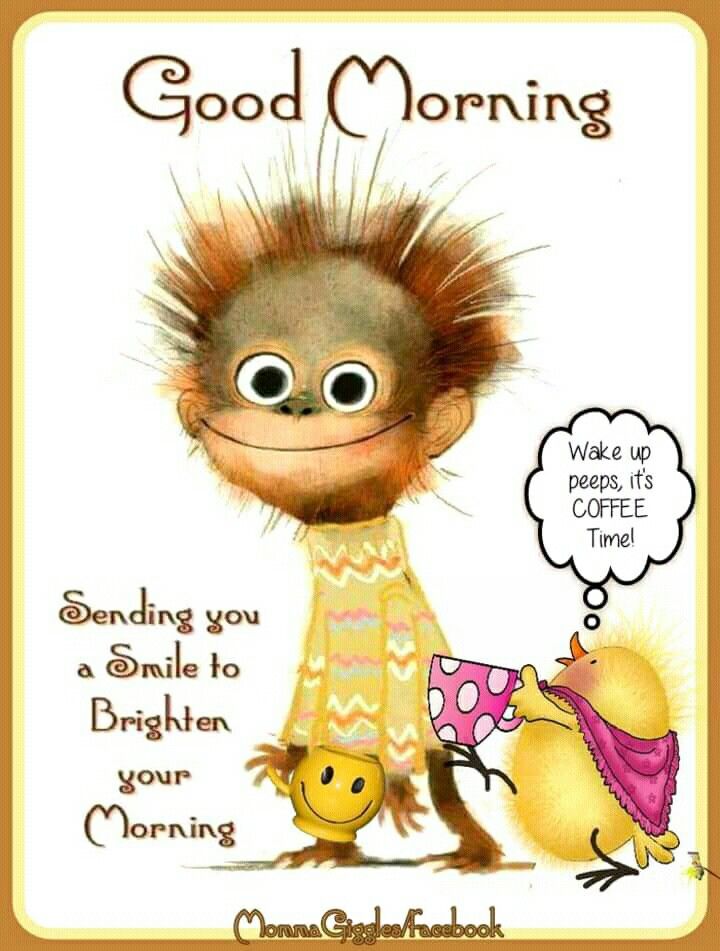 a card with an image of a monkey and chick on it's back, saying good morning