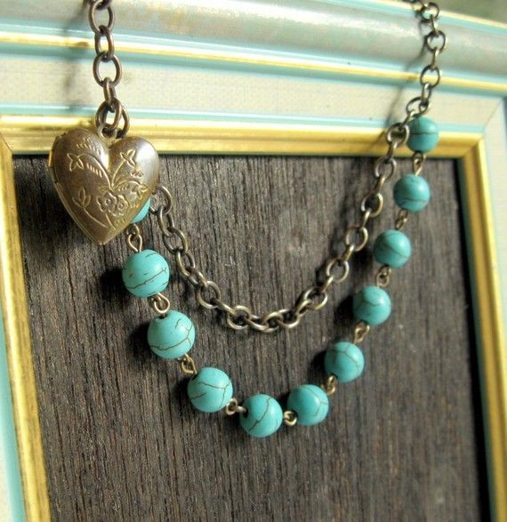 Turquoise Jewelry Bib Necklace with Locket    by TheBrassHussy, $28.00 Bohemian Necklace With Locket, Elegant Turquoise Heart Beads Jewelry, Bohemian Heart Pendant Necklaces With Heart Beads, Bohemian Necklace With Heart Pendant Beads, Elegant Turquoise Jewelry With Heart Beads, Elegant Turquoise Necklace With Heart Charm, Turquoise Heart Beaded Necklaces As Gift, Bohemian Heart Beaded Necklace With Heart Pendant, Turquoise Heart-shaped Beaded Necklace Gift