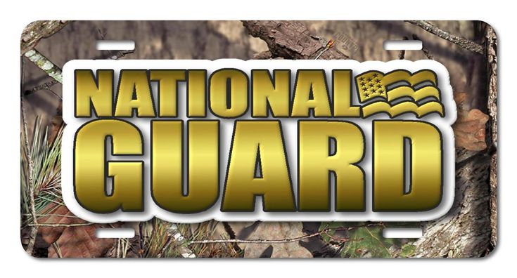 the national guard license plate is shown in gold and camouflage camo, with an american flag on it