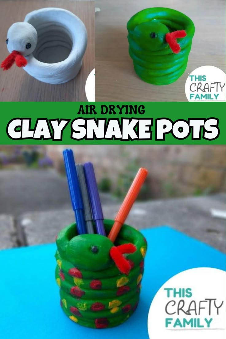 an air drying clay snake pot with markers and pencils in it, sitting on a table