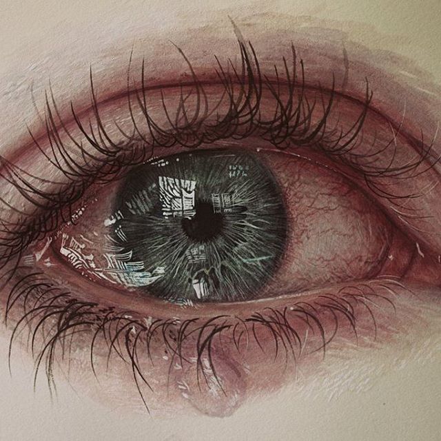 a drawing of an eye with tears on it's iris and part of the iris partially open