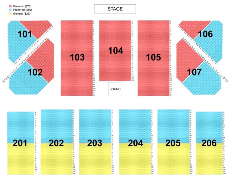 seating plan for the concert with seats numbered in blue, yellow and pink squares on each side