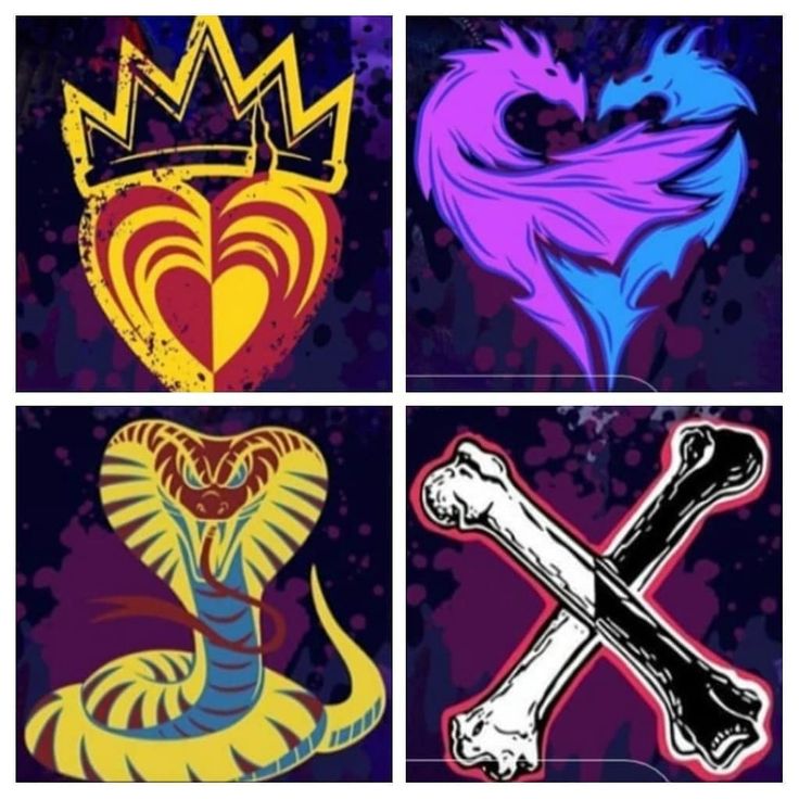 four different colored stickers with an image of a snake, heart, and cross