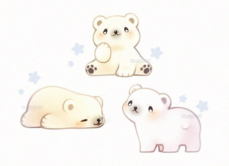 three polar bears sitting next to each other on a white background with snow flakes