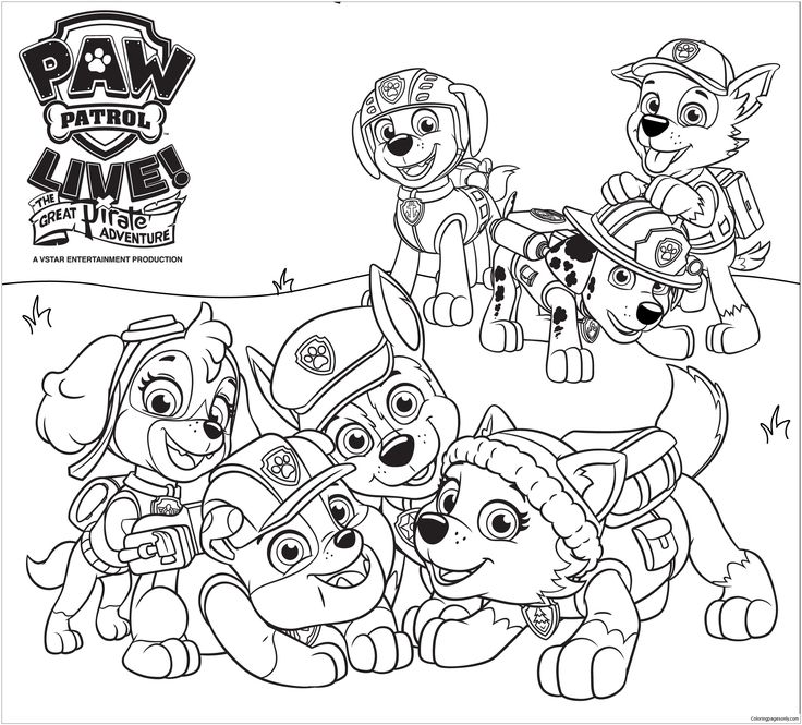 paw patrol coloring pages with puppies and their friends in the background for kids to color