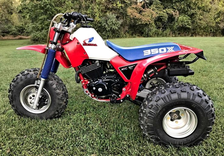 a red, white and blue dirt bike parked in the grass