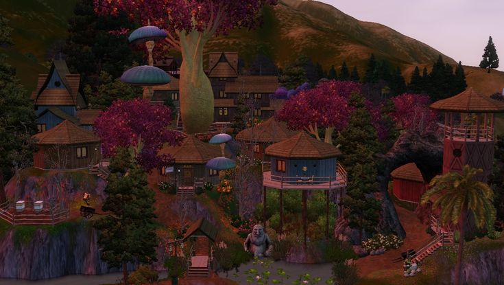 This quaint fairy village has everything you need to care for an entire population of fairies! Alternative Reality, Sims 3 Cc, Fountain Park, Ts3 Cc, Sims Houses, Fairy Village, Acacia Tree, Small Fountains, Supernatural Beings