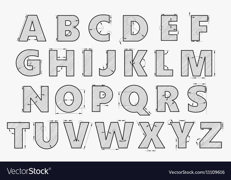 Alphabet in style of a technical drawing on a white