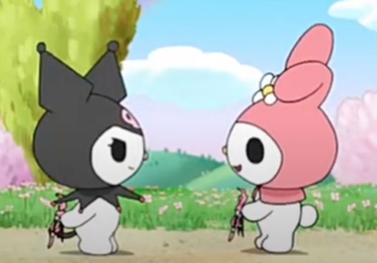 two cartoon characters standing next to each other in front of trees and grass with flowers