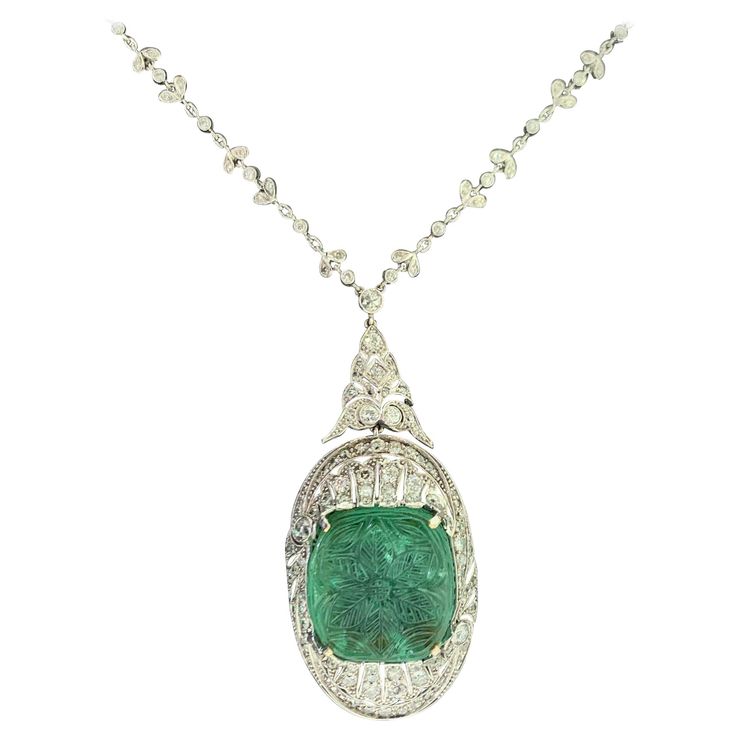 Art Deco Carved Mughal Style Emerald and Diamond Necklace Measurements: Chain: 18" long, Pendant: 2.5" long Metal Type: Platinum Emerald And Diamond Necklace, Carved Emerald, Carved Necklace, Necklace Measurements, Necklace Art Deco, Necklace Art, Art Carved, Long Pendant, Diamond Pendant Necklace