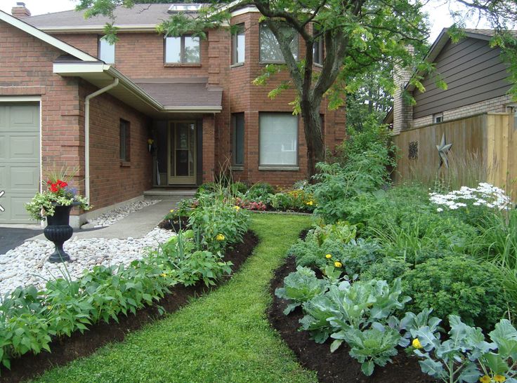 a garden in front of a brick house