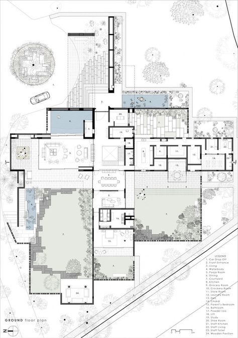 an architectural drawing shows the floor plan for a house with multiple levels and various rooms