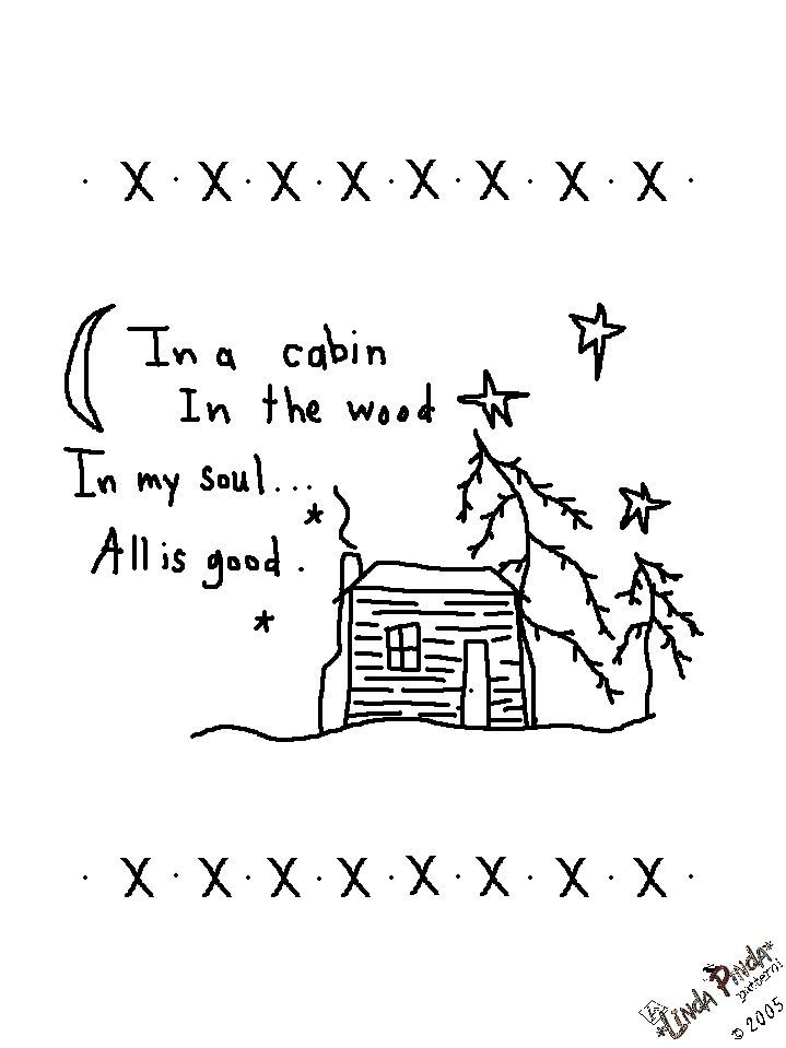 an ink drawing of a cabin in the woods with words written on it and trees