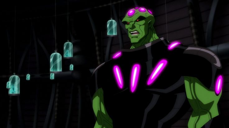 an animated image of a green man in a dark room with neon lights hanging from the ceiling