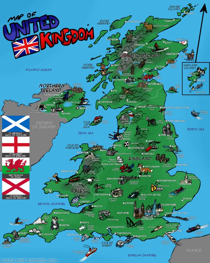 an illustrated map of the united kingdom with flags and other things to see on it