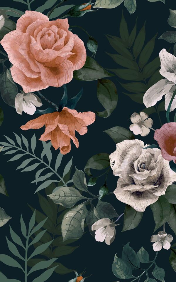 a floral wallpaper with pink and orange flowers on a dark blue background that has green leaves