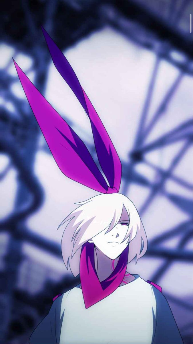 an anime character with long white hair and purple ears is staring at something in the distance