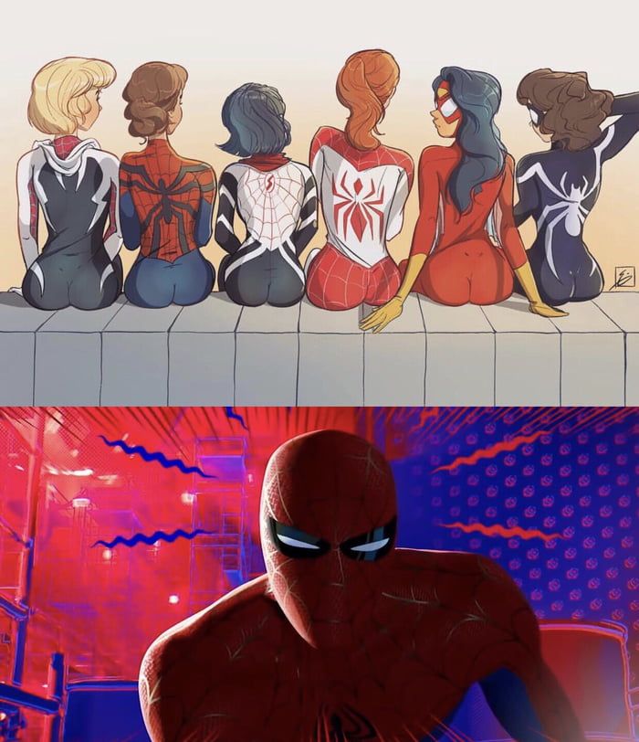 spider - man and his friends are sitting on the edge of a building with their backs to each other