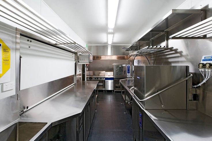 an industrial kitchen with stainless steel counters and appliances