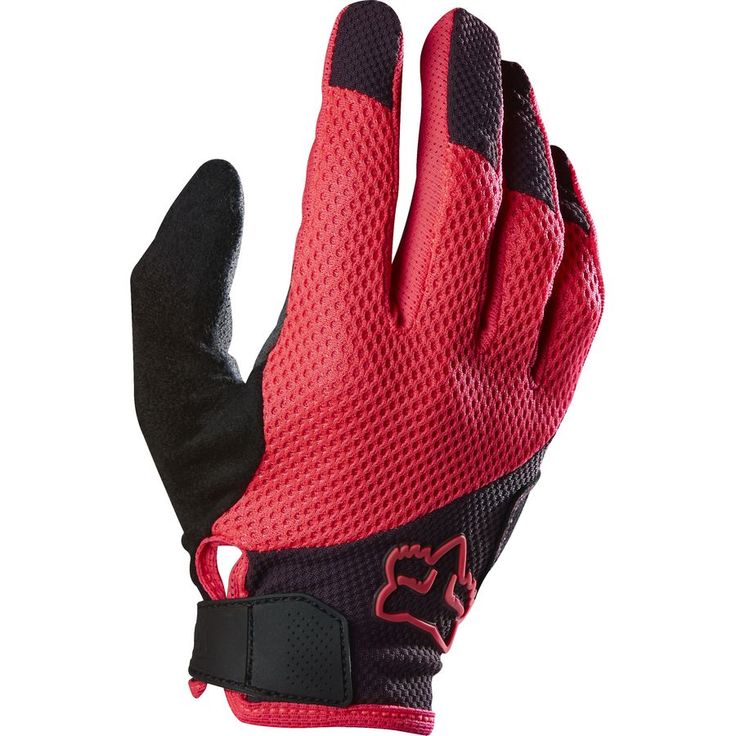 a red and black glove with the word fox on it