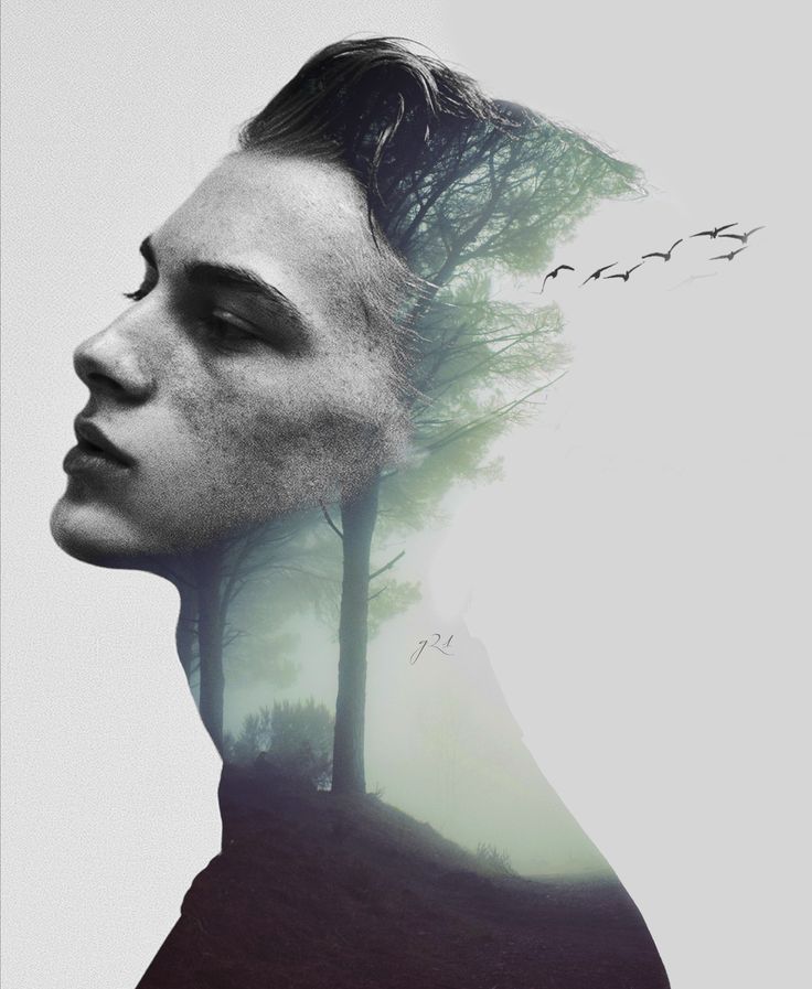 a woman's profile with birds flying over her head and trees in the background