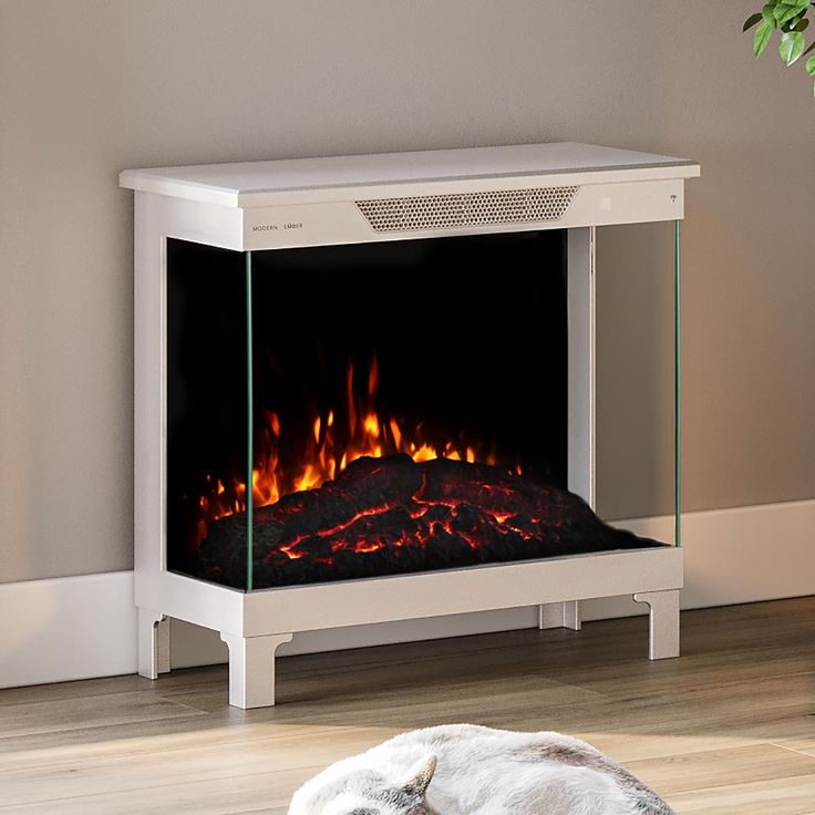 a white fireplace with a fire burning in it's side and a dog laying on the floor next to it