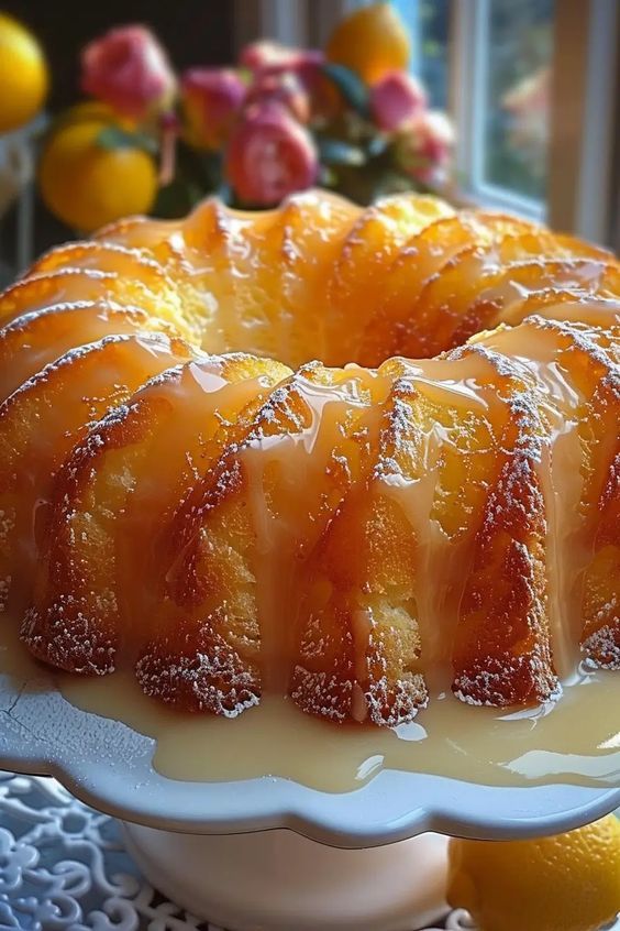 a bundt cake on a plate with lemons in the background