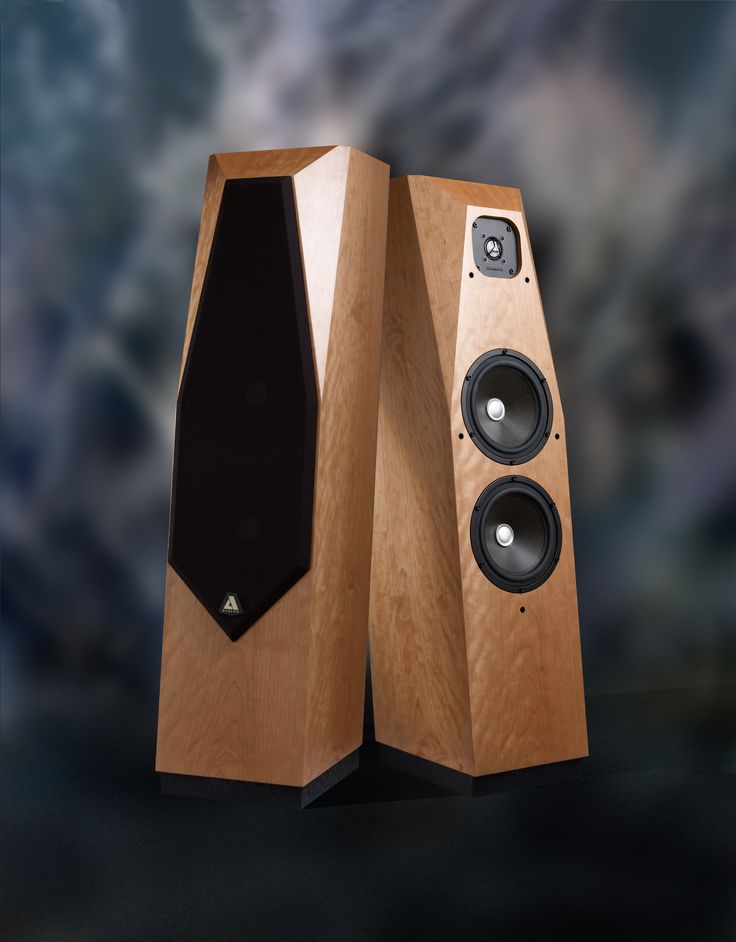 a pair of wooden speakers sitting next to each other