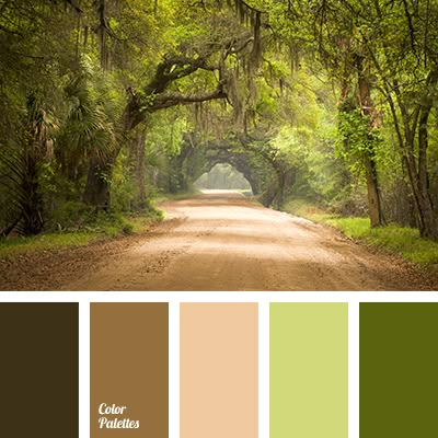 the color palette is green and brown, with lots of trees on either side of the road