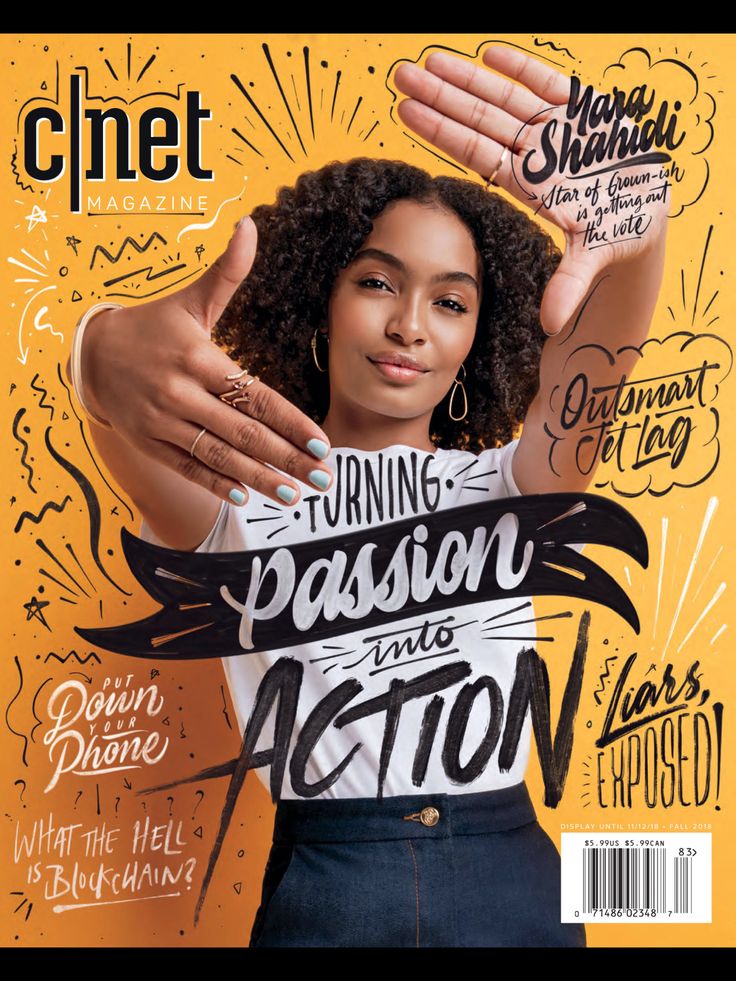 a magazine cover with an image of a woman holding her hands up