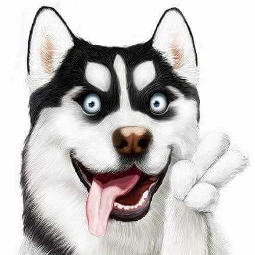 a drawing of a husky dog with blue eyes and his tongue hanging out to the side