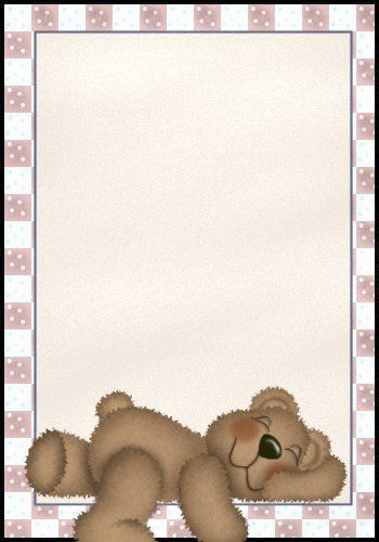 a brown teddy bear laying on top of a checkered table cloth with a blank sign in the middle