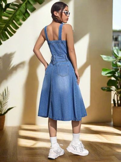 Denim Spaghetti Strap Dress: Effortless Style for Every Occasion Casual Summer Suspender Dress With Pockets, Casual Suspender Dress With Pockets For Summer, Casual Fitted Suspender Dress For Spring, Casual Spring Suspender Dress For Day Out, Casual Suspender Dress With Spaghetti Straps, Casual Spaghetti Strap Dresses With Pockets, Casual Knee-length Suspender Dress For Summer, Casual Knee-length Spring Suspender Dress, Casual Knee-length Suspender Dress For Spring