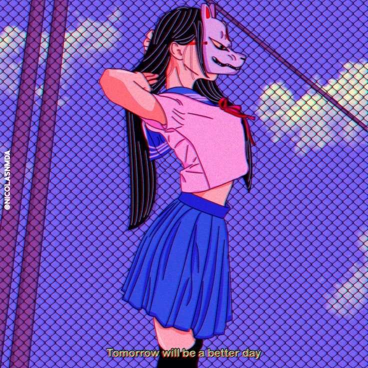 a girl in a pink shirt and blue skirt standing next to a fence with an animal mask on her head