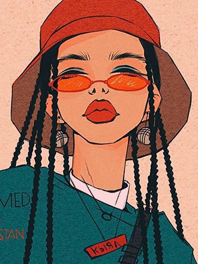 a drawing of a woman with braids wearing red glasses and a hat on her head