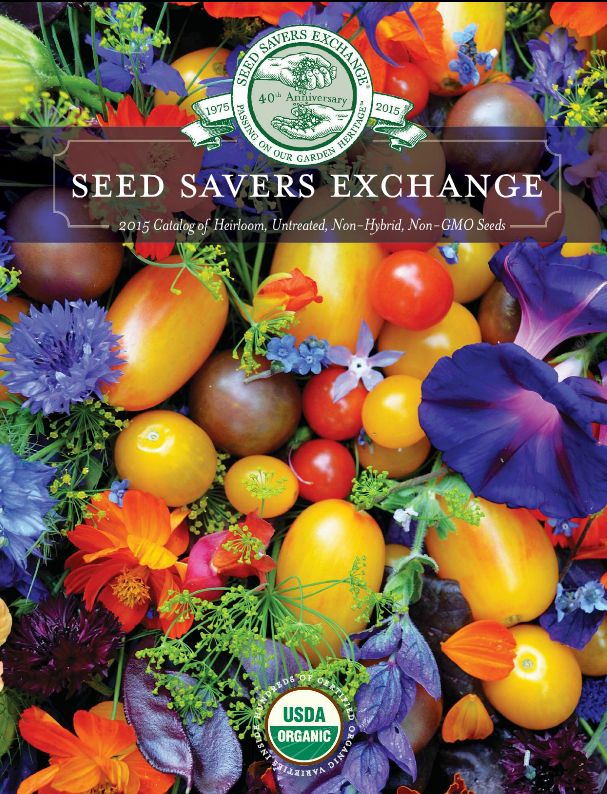 the cover of seed savers exchange, featuring colorful flowers and fruit in front of a green background