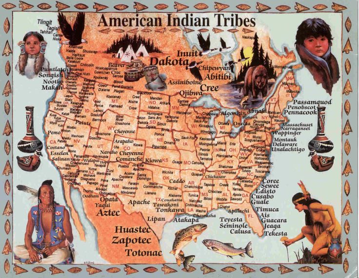 a map of the united states with images of native people and animals on it's borders