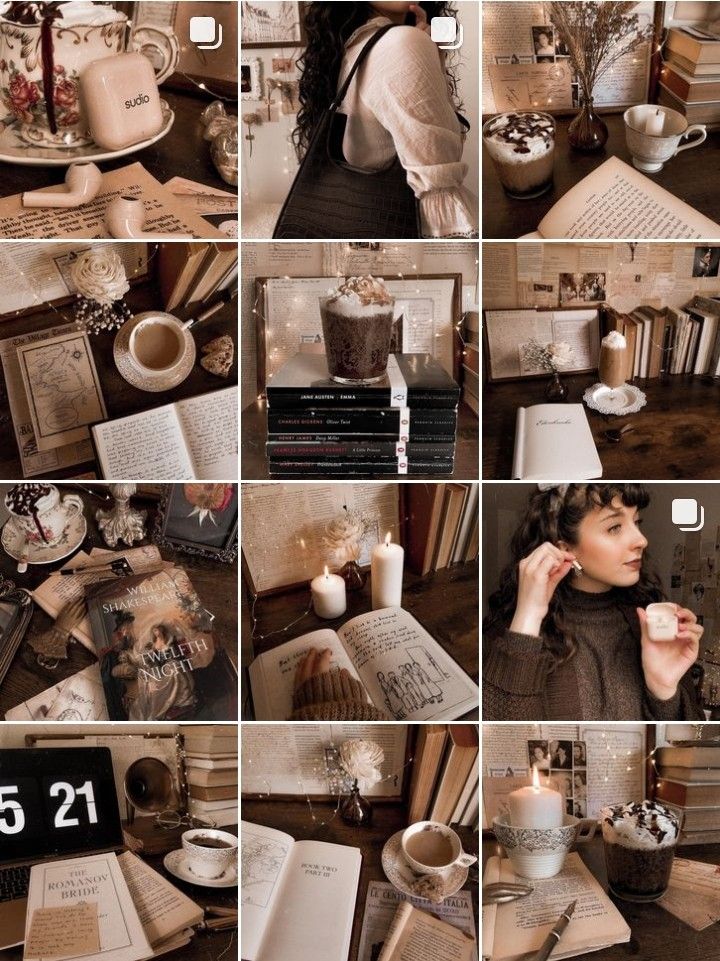 a collage of photos with coffee, books and candles