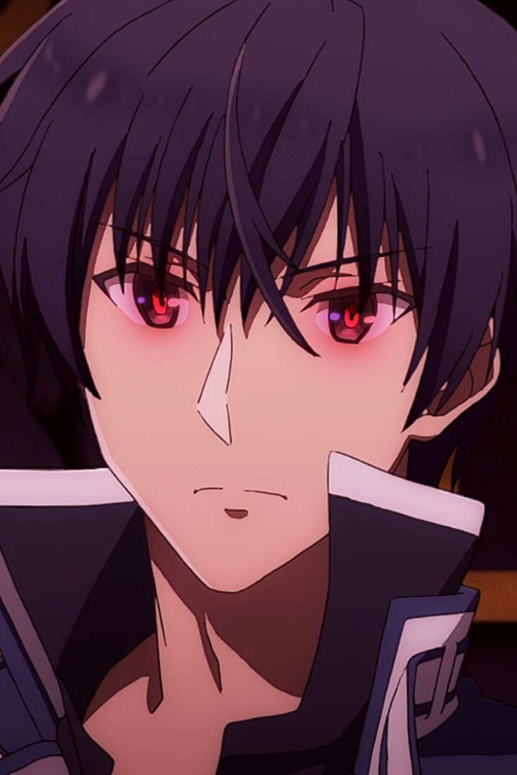 an anime character with dark hair and red eyes