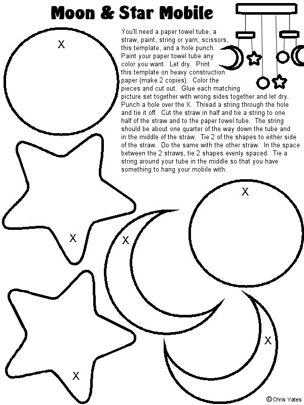 the moon and star mobile is shown in black and white, with text below it