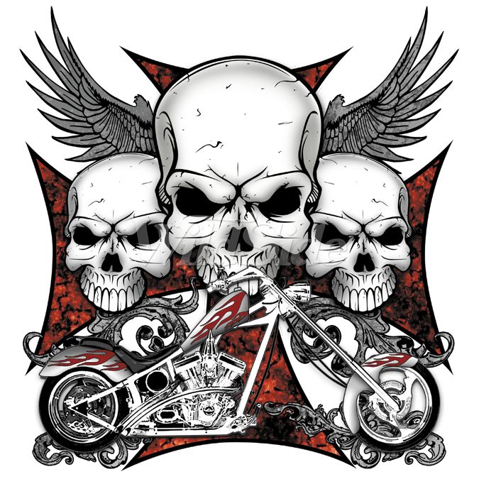 three skulls on motorcycles with wings